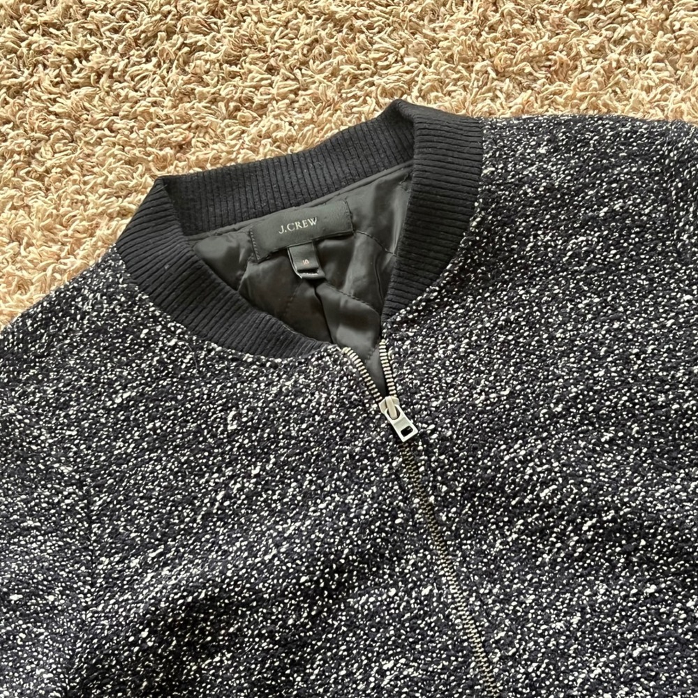 J.Crew Womens Tweed Bomber Jacket Black White Marled Quilted Lining Size 10